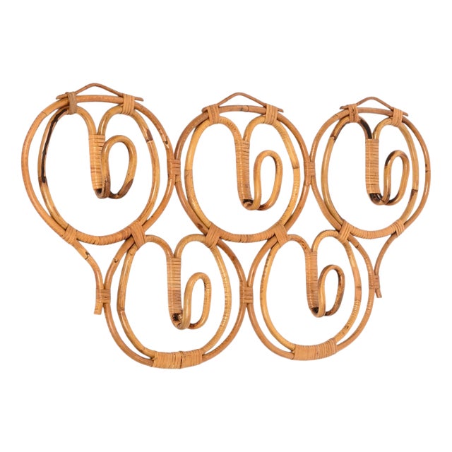 Large 5-Hook Coat Rack in Rattan and Wicker attributed to Franco Albini, Italy, 1960s For Sale