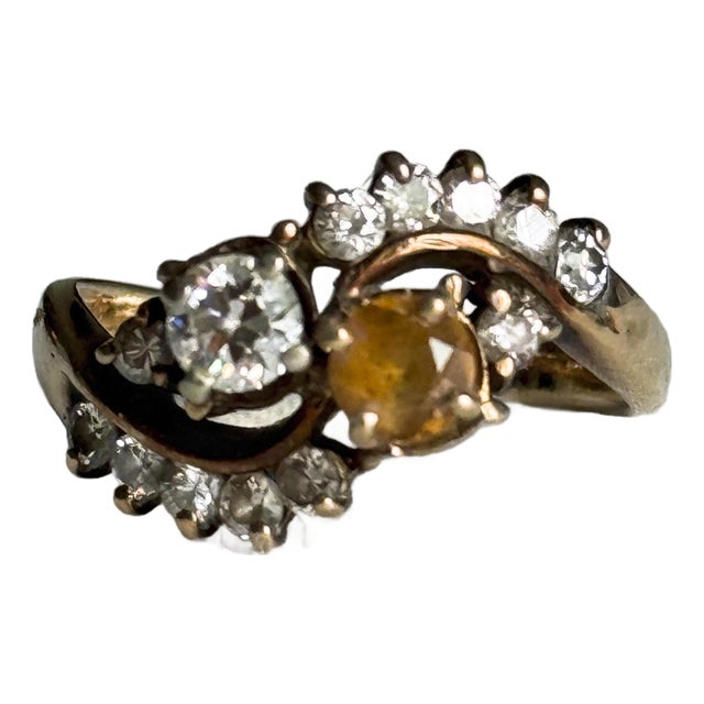 Vintage 14k Yellow Gold Victorian Revival Golden Beryl & Diamond Bypass Cocktail Ring, Size 7 For Sale