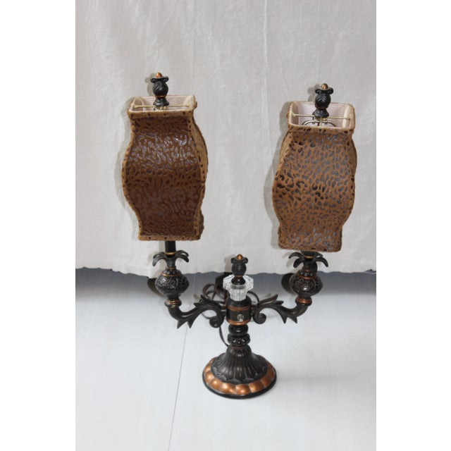 Ornamental & Decorative Materials Hollywood Regency Candelabra Lamps Cheetah Leopard Shades - a Pair For Sale - Image 7 of 10