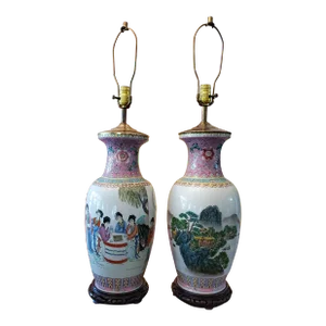 Vintage 1960s Chinese Signed Porcelain Lamps - a Pair