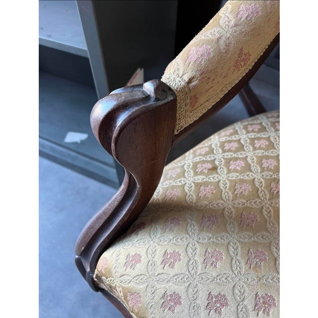 Victorian-Style Balloon-Back Parlor Armchair With Patterned Upholstery & Casters For Sale - Image 4 of 7