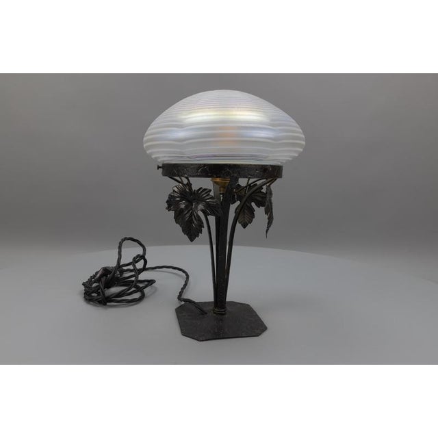 Art Nouveau French White Iridescent Glass and Wrought Iron Table Lamp, 1920s For Sale - Image 9 of 18