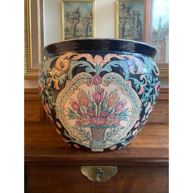 Chinese Vintage Floral Porcelain Fishbowl Planter Chinese Vase Koi Fish For Sale - Image 3 of 8