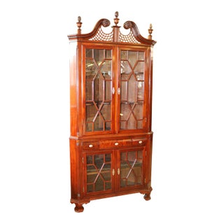 Late 19th Century Solid Mahogany Chippendale Corner Cabinet Cupboard Hand Blown Glass For Sale
