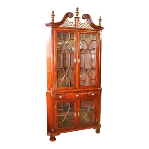 Late 19th Century Solid Mahogany Chippendale Corner Cabinet Cupboard Hand Blown Glass