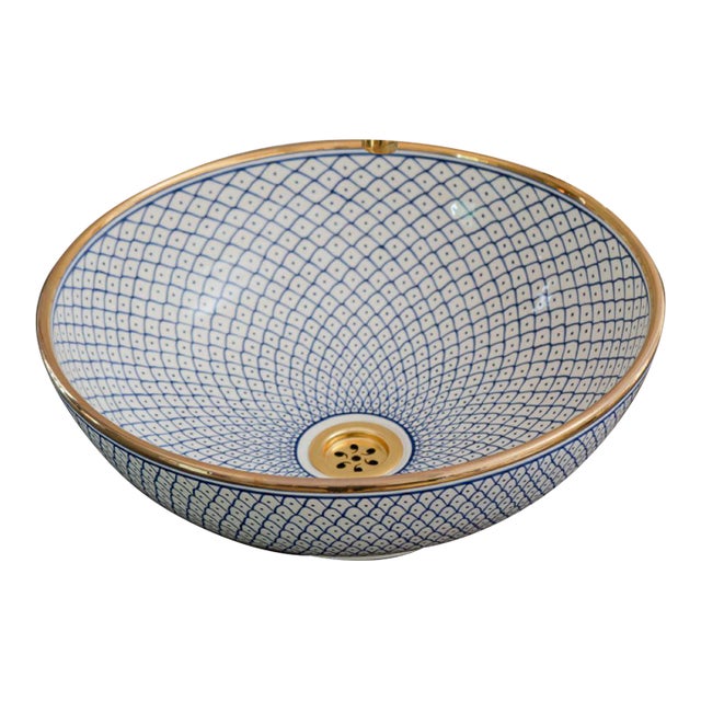 Ceramic 14k Gold Rim Handmade Top Bathroom Sink, Blue For Sale