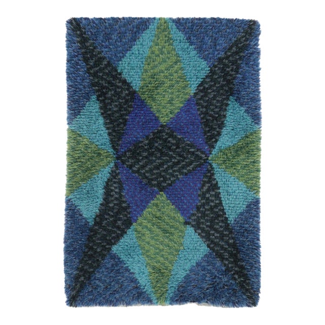 Vintage Swedish Rya Rug With Teal and Blue Geometric Pattern - Rug & Kilim For Sale