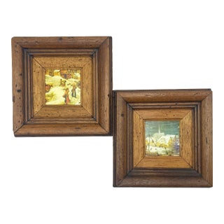 Mid-Century Italian Framed Miniature Silk Prints After Pieter Bruegel - A Pair For Sale