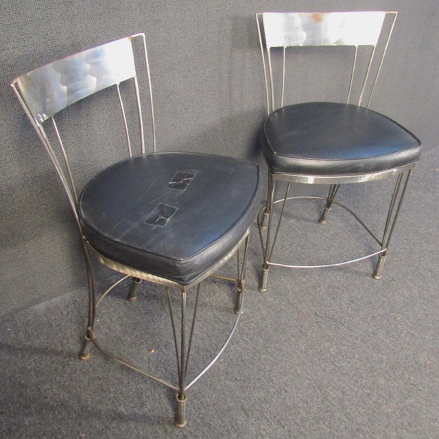 Mid-Century Modern Pair of Vintage Metal and Vinyl Stools For Sale - Image 3 of 9