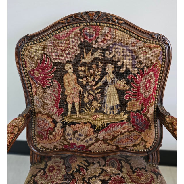 Wood 19th Century French Louis XV Style Mahogany and Needlepoint Tapestry Bergeres Fauteuils, Pair For Sale - Image 7 of 11