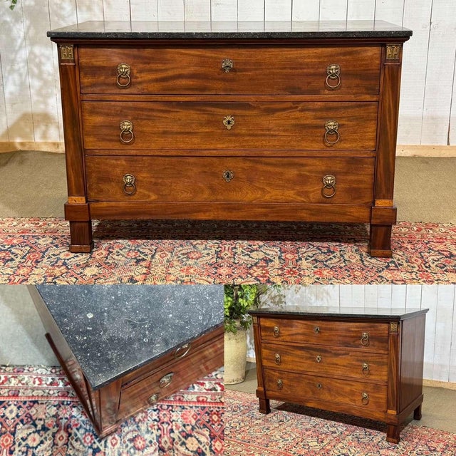 Empire-style mahogany chest of drawers with marble top, 19th century - W=1.27m D=57cm H=85.5cm