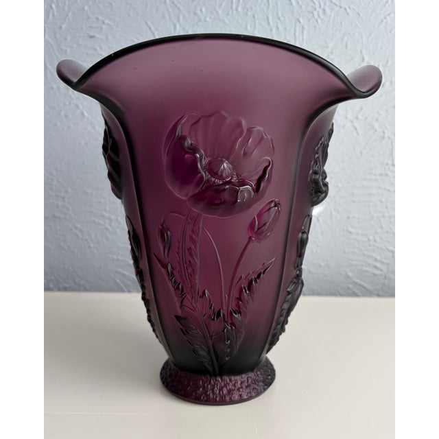 Purple Satin Glass Poppy Relief Vase With Flared Rim For Sale - Image 8 of 11
