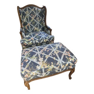 Baker Furniture French Provincial Wingback Bergère & Ottoman in Floral Trellis Print For Sale