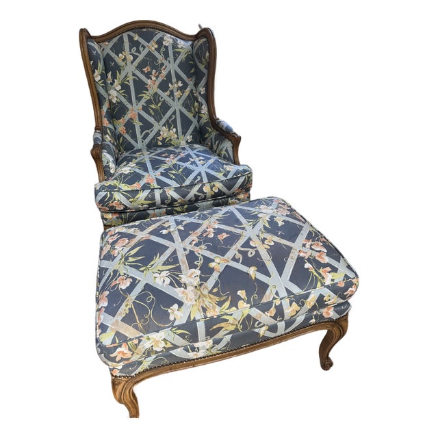Baker Furniture French Provincial Wingback Bergère & Ottoman in Floral Trellis Print For Sale