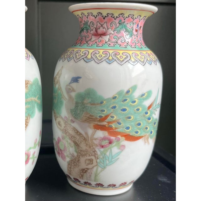 Mid 20th Century Antique Famille Rose Petite Pastel Peacock Vases-a Pair For Sale - Image 5 of 9