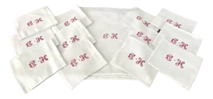 Antique French Monogrammed Embroidered Tablecloth and Napkins, 1900, Set of 13