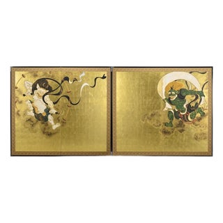 Made-to-Order Japanese Two-Panel Folding Screens “Wind and Thunder Gods” | Hand-Applied Kanazawa Gold Leaf For Sale
