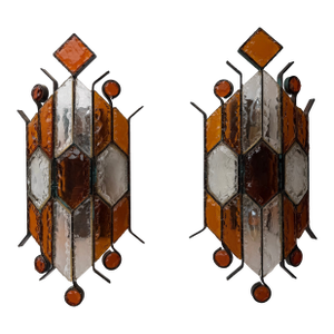Pair of Hammered Glass Wrought Iron Sconces by Longobard, Italy, 1970s