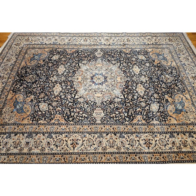 Vintage Room Size Persian Nain Rug, Handwoven Floral Pattern With Silk Highlights, Navy & Ivory , 9’ X 13’ For Sale - Image 11 of 12