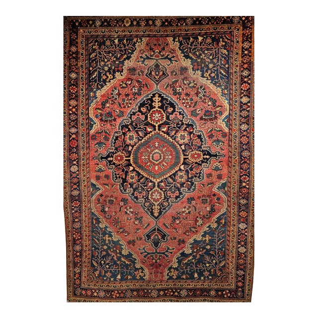 Vintage Farahan Sarouk Rug, Hand-Knotted Wool, Floral Pattern, Rust Red & Blue, 5x7 For Sale