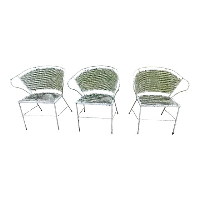 Set of 3 Wrought Iron Garden Patio Chairs Mesh Seats Backs Att Russell Woodard For Sale
