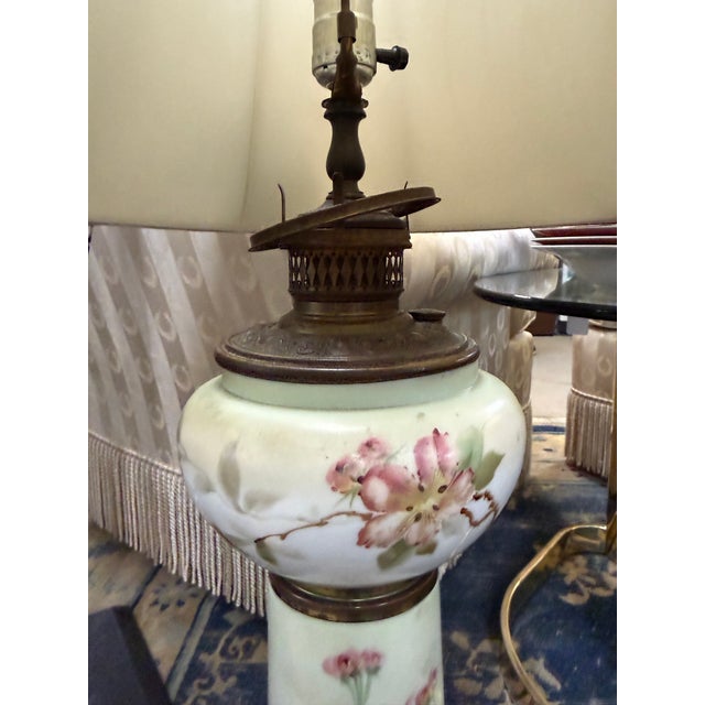 Victorian 1930s Victorian Hand Painted Floral Roseart Shade Banquet Lamp 35in For Sale - Image 3 of 8
