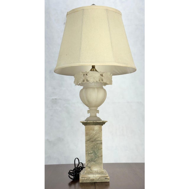 1900s Carved Alabaster Grapes Leaf Motive Urn Shape Square Mable Base Table Lamp For Sale - Image 6 of 9