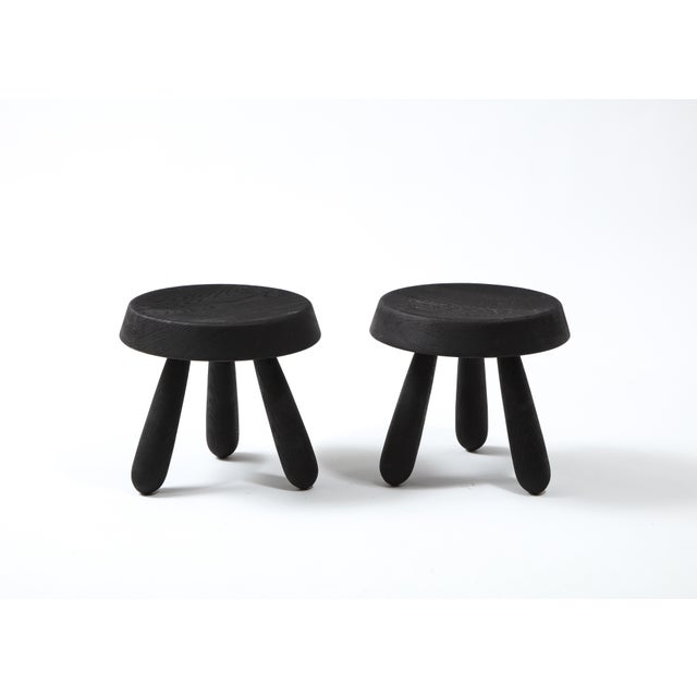 Contemporary Petite Pair of Burnt Oak Tripod Stools by Douglas Mont for Facto Atelier Paris For Sale - Image 3 of 11