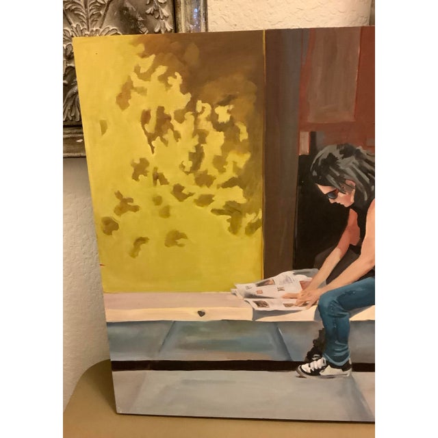 Wood Modern Realism Lady Reading Newspaper Painting on Board For Sale - Image 7 of 7