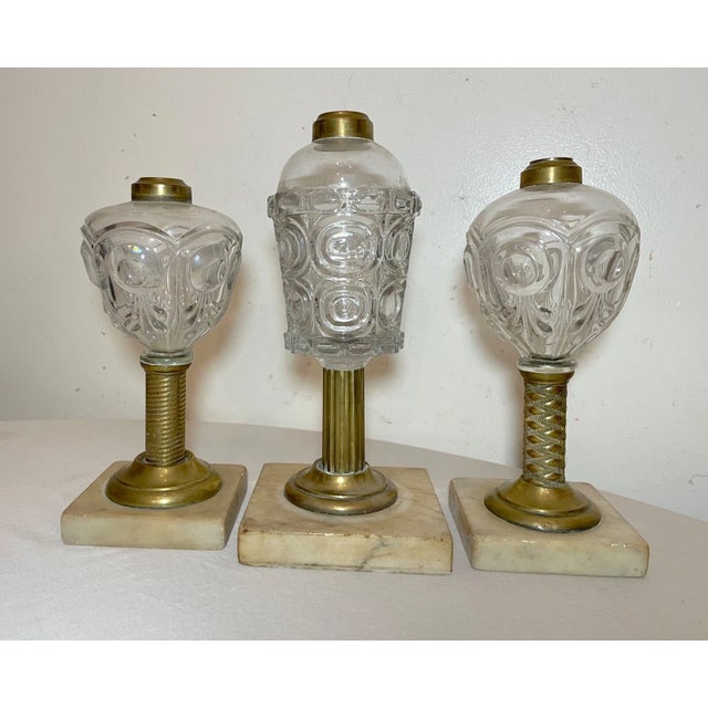 Victorian Lot of 3 Rare Antique 19th Century Bullseye Glass Brass Marble Whale Oil Lamp For Sale - Image 3 of 14