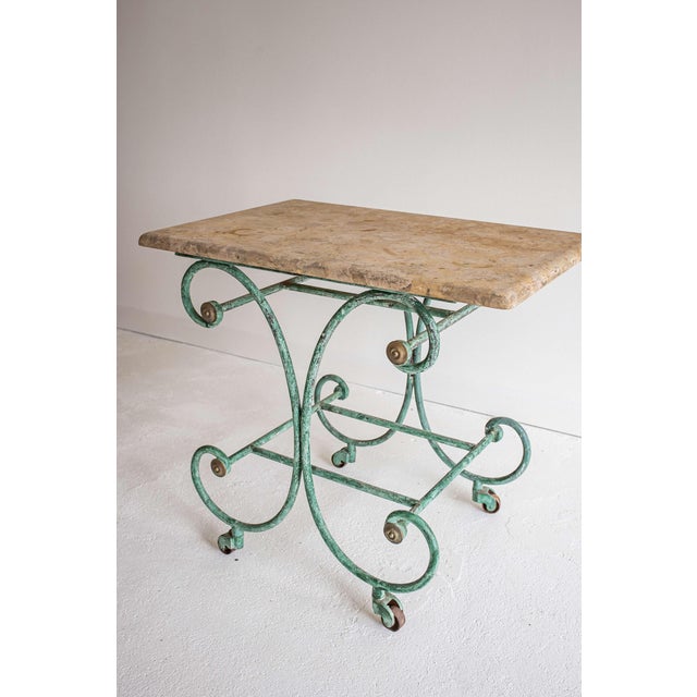 19th C French Cast Iron & Travertine Patisserie Table, With Brass Accents For Sale - Image 4 of 7