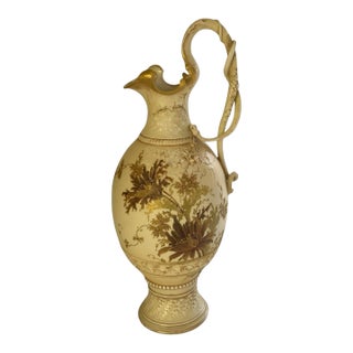 Antique 14" Royal Worcester Snake Handle Ewer Shape 137 A. Stowell Boston Blush Ivory Made in England C. 1880s-1890s For Sale