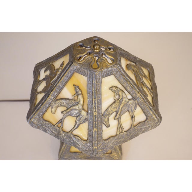 1980s 1980s Native American Indian End of Trail Caramel Slag Stained Glass Shade Table Lamp For Sale - Image 5 of 11