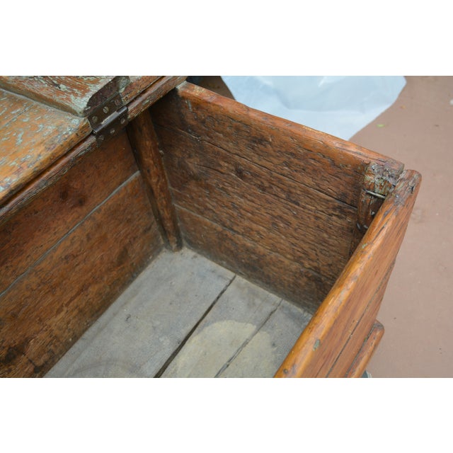 Chestnut Antique European Rustic Wood Pine Trunk / Blanket Box W/ Double Lift Up Lids For Sale - Image 8 of 17