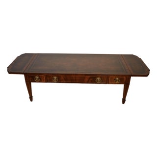 1930s Weiman English Regency Flame Mahogany Inlay Leather Top Drop Leaf Coffee Table For Sale