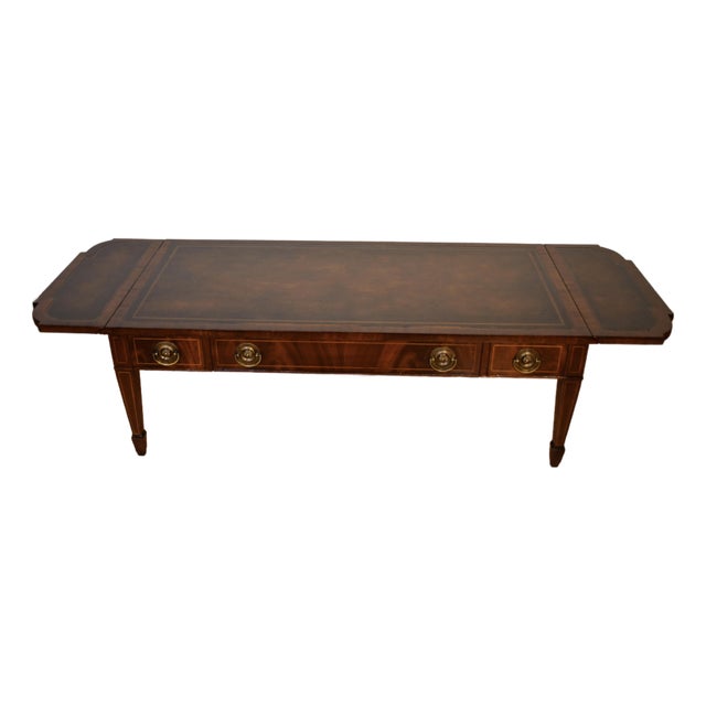 1930s Weiman English Regency Flame Mahogany Inlay Leather Top Drop Leaf Coffee Table For Sale