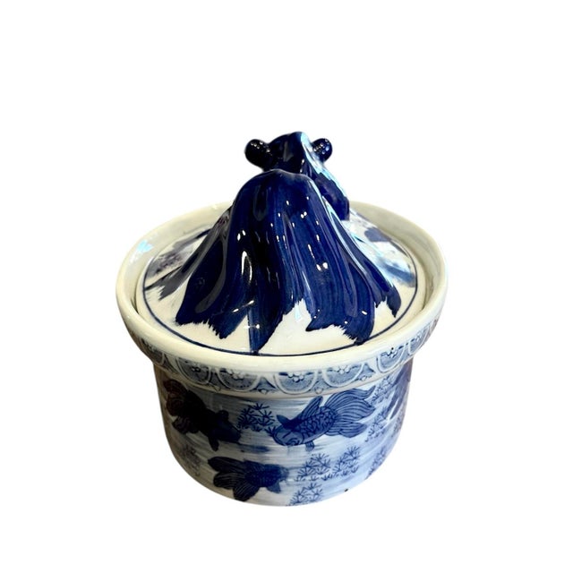 Ceramic Chinoiserie Blue & White Chinese Koi Fish Oval Vessel / Tureen / Covered Dish / Box With Lid For Sale - Image 7 of 10