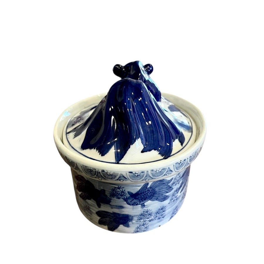 chinesekoi fish lid box Chinoiserie Blue & White Chinese Koi Fish Oval Vessel / Tureen / Covered  Dish / Box With Lid