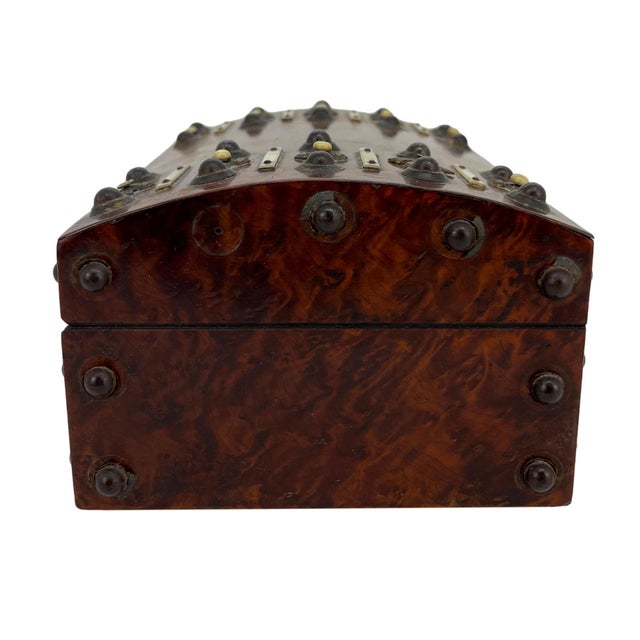 Victorian Burl Walnut and Brass Dome-Top Box With Mother-Of-Pearl, English, Ca. 1860 For Sale - Image 3 of 9