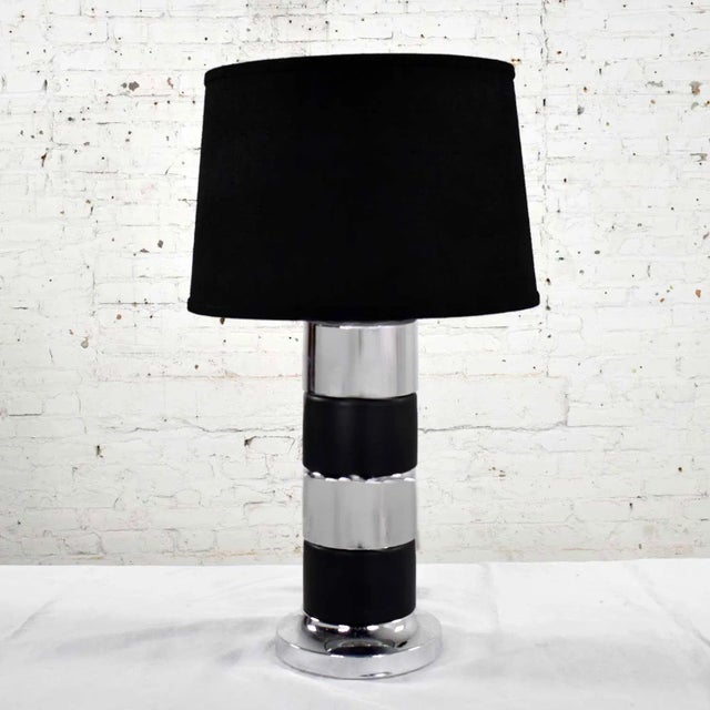 Art Deco Style Chrome and Black Horizontal Stripe Cylindrical Table Lamp Black Shade For Sale - Image 13 of 13