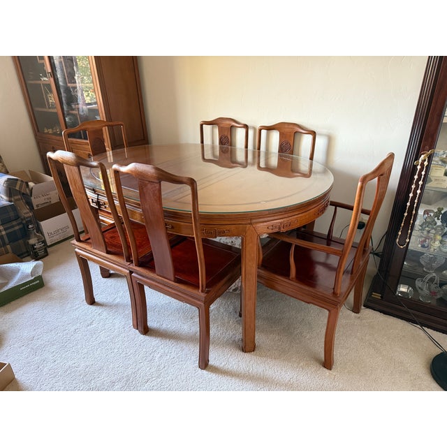 Beautiful Chinese Ming Style Authentic Rosewood Hand-Carved Dining Table With 6 Chairs - Includes 2 center leaves 16" wide...