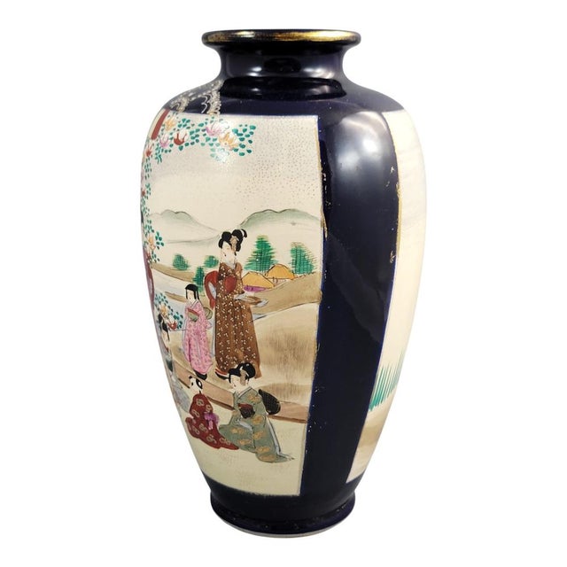 Satsuma Cobalt-Ground Moriage Vase with Court Scenes, Japan, 1890-1910 For Sale - Image 5 of 11