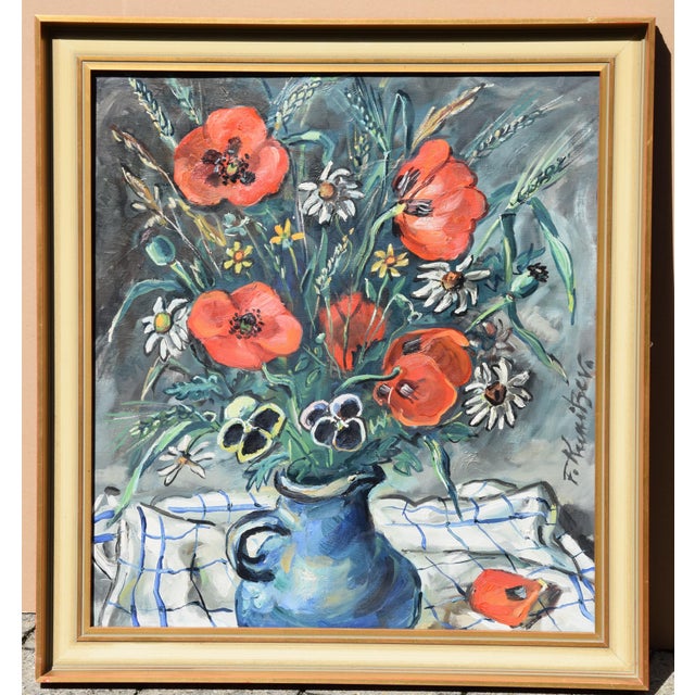Modern Friedrich Kunitzer, Still Life with Poppies & Jug, 1970s, Oil on Canvas, Framed For Sale - Image 3 of 13