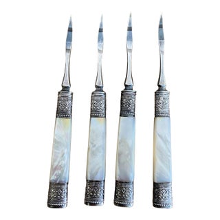 Set of 4 Vintage Mother-of-Pearl Nut Picks With Silverplate Ferrules For Sale