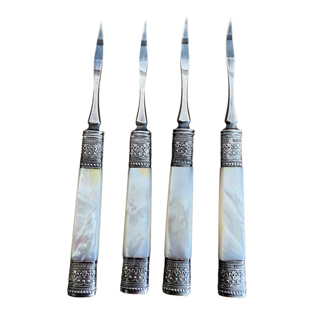 Set of 4 Vintage Mother-of-Pearl Nut Picks With Silverplate Ferrules For Sale