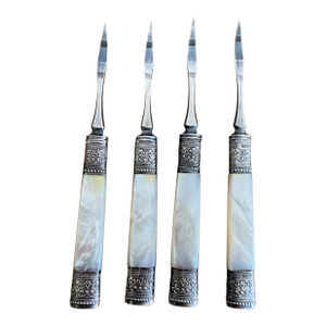 Set of 4 Vintage Mother-of-Pearl Nut Picks With Silverplate Ferrules