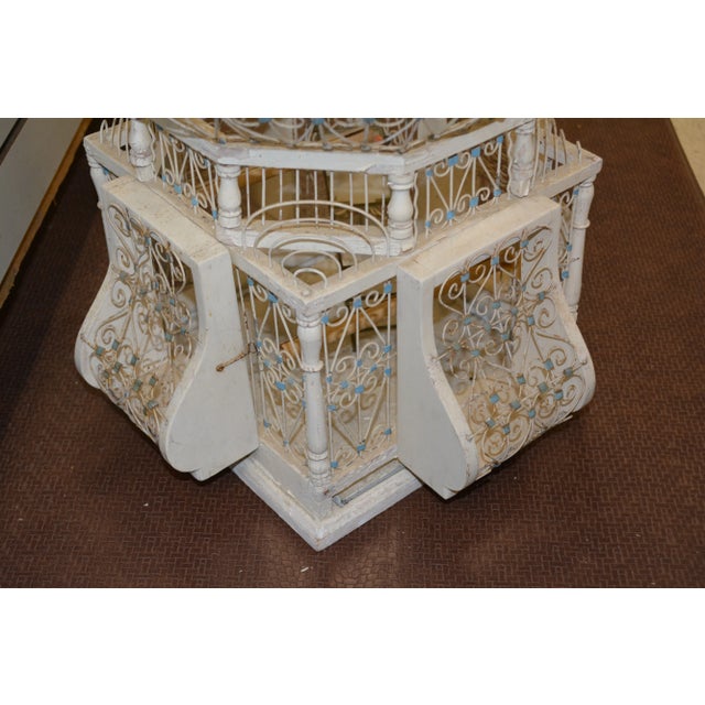 Vintage 1960s Dome Top Balloon Birdcage Cream Blue Wire / Metal & Wood Tunisian Moroccan For Sale - Image 6 of 13