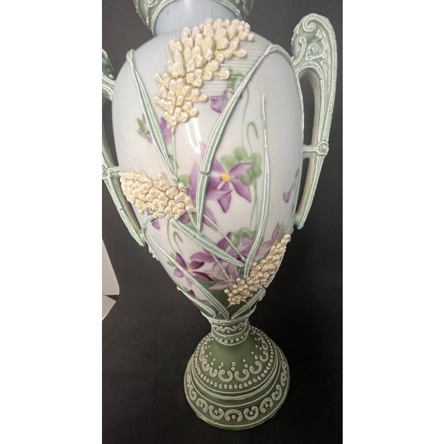 Antique Nippon Hand-Painted Moriage Covered Urn Vase – 13” For Sale - Image 11 of 12