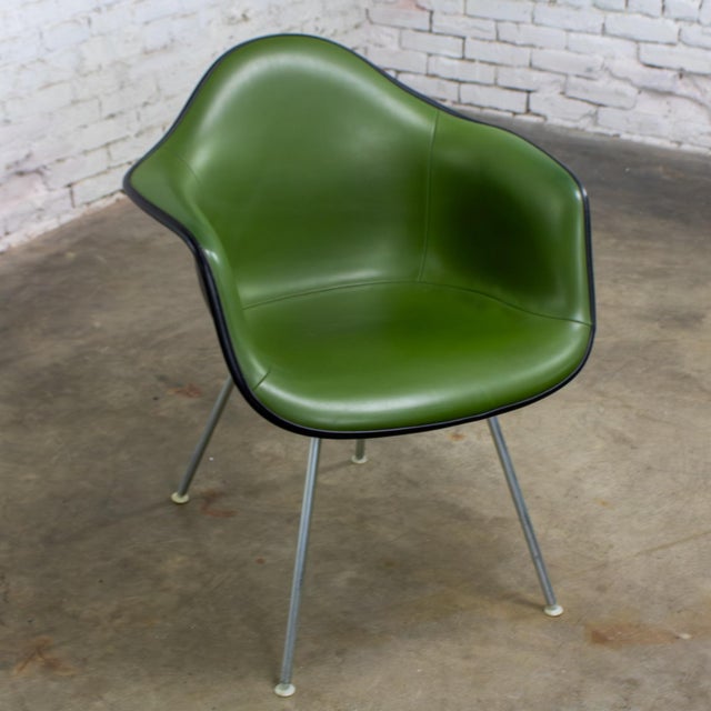 1971 MCM Eames Herman Miller Molded Fiberglass Shell Armchair Upholstered Green Naugahyde Galvanized H Base For Sale - Image 9 of 18