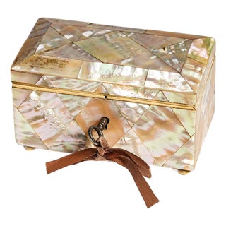 Rare Antique English Mother of Pearl Jewelry Box Victorian Miniature Keepsake Box With Key For Sale